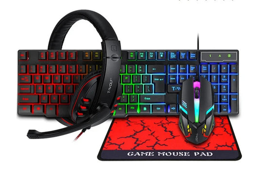 Kit de Teclado, Ratón, Auriculares, Alfombrilla 4 en 1, Retroiluminación RGB, USB, Para PC y Portátil