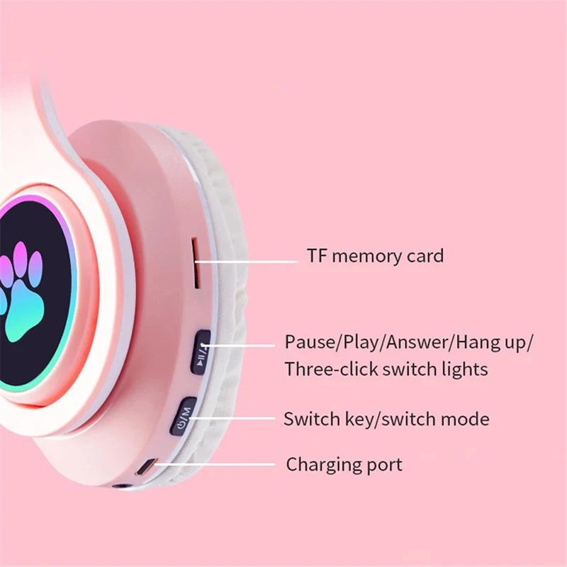 Hot Selling Head Mount BT 5.0 Noise Cancelling High Stereo Light Up Earphone B39M Cat Ear Wireless Headphone Portable MP3 Player