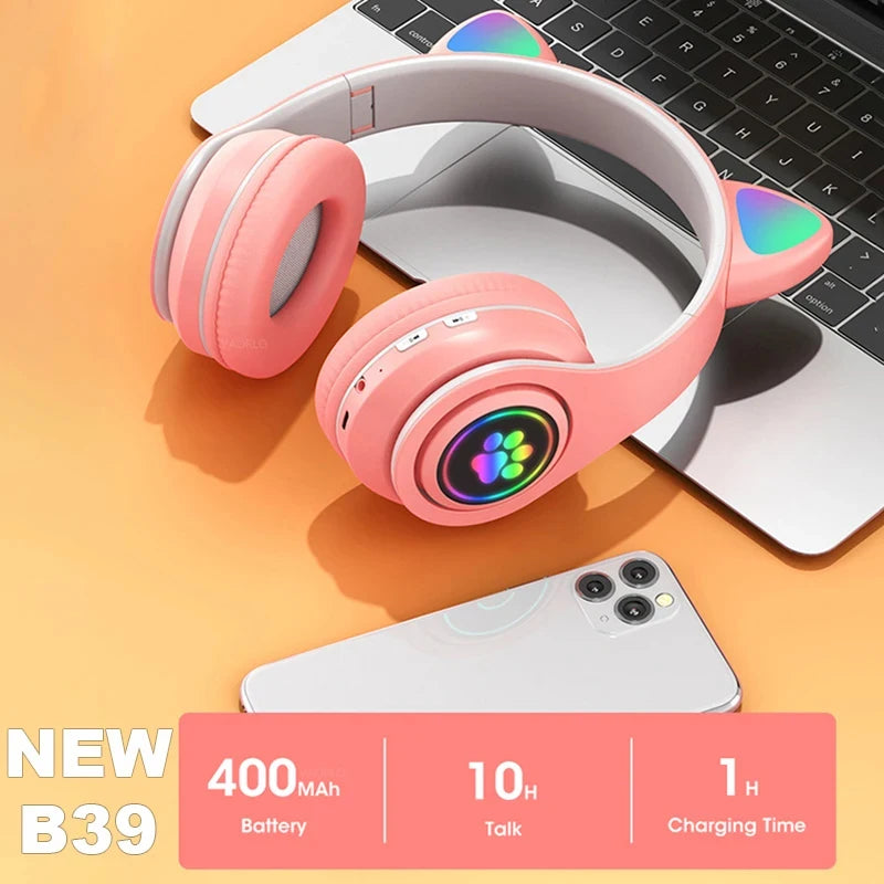 Hot Selling Head Mount BT 5.0 Noise Cancelling High Stereo Light Up Earphone B39M Cat Ear Wireless Headphone Portable MP3 Player