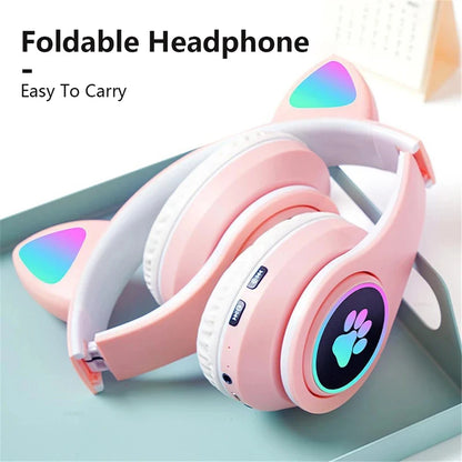 Hot Selling Head Mount BT 5.0 Noise Cancelling High Stereo Light Up Earphone B39M Cat Ear Wireless Headphone Portable MP3 Player